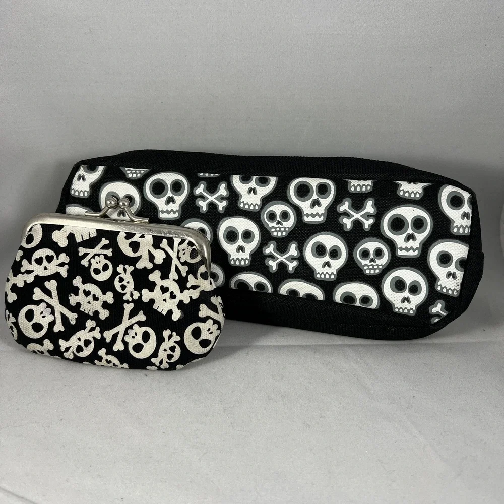 2 Skull Pouches Black White Skull Crossbones Gothic Alternative Spooky Edgy Cool - Picture 1 of 12
